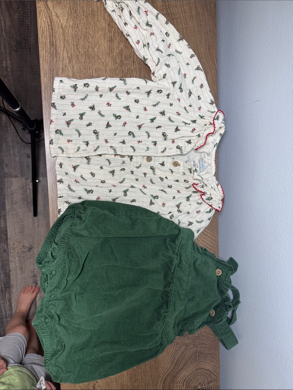 cloud island Cream Floral Ruffle Collar Top & Green Corduroy Pinafore Set